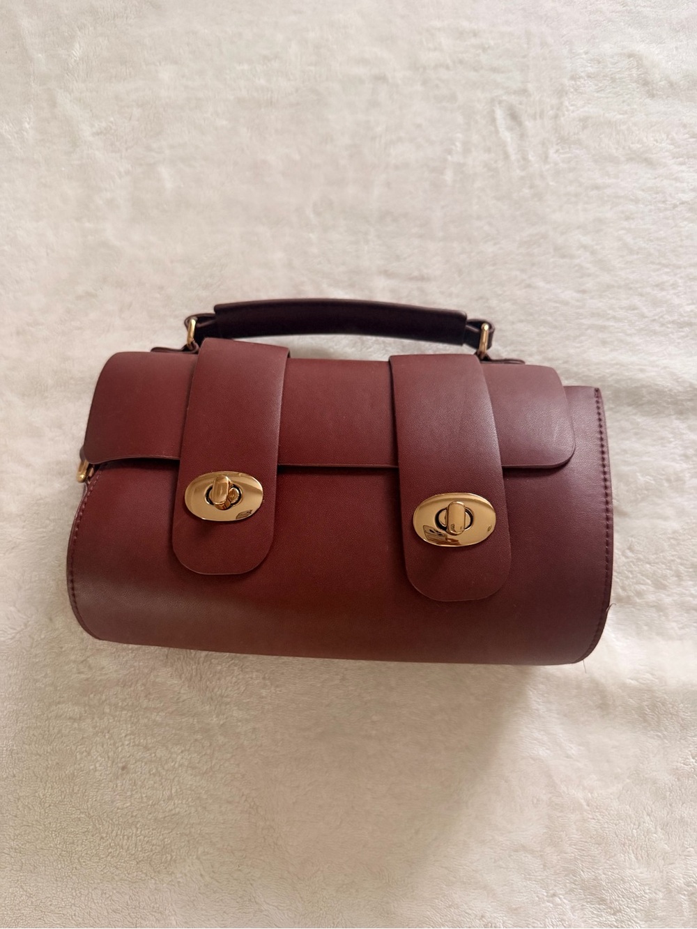 Elegant Burgundy Structured Top Handle Bag Gold Hardware Quiet Luxury Style